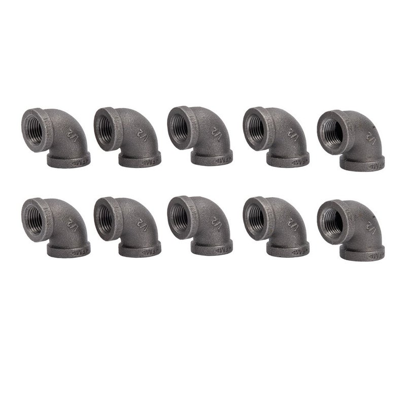 PIPE DECOR Authentic Malleable Iron 90 Degree Black 1/2" Elbow Ten Pack by Pipe Decor, Industrial Steel Gray Standard Half Inch Threaded Pipes Fittings Nipples, Great For Rustic DIY Furniture Fixtures, 10 Elbows - Image 1